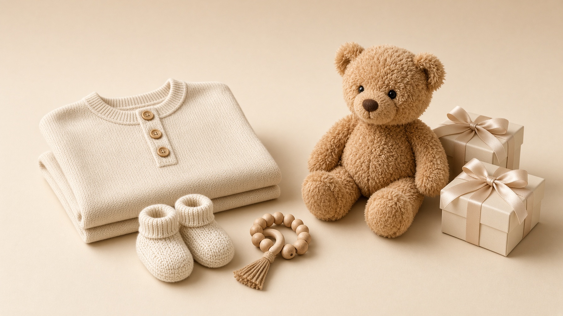 Cream baby knits, booties, a teddy bear and gift boxes on a beige cloth